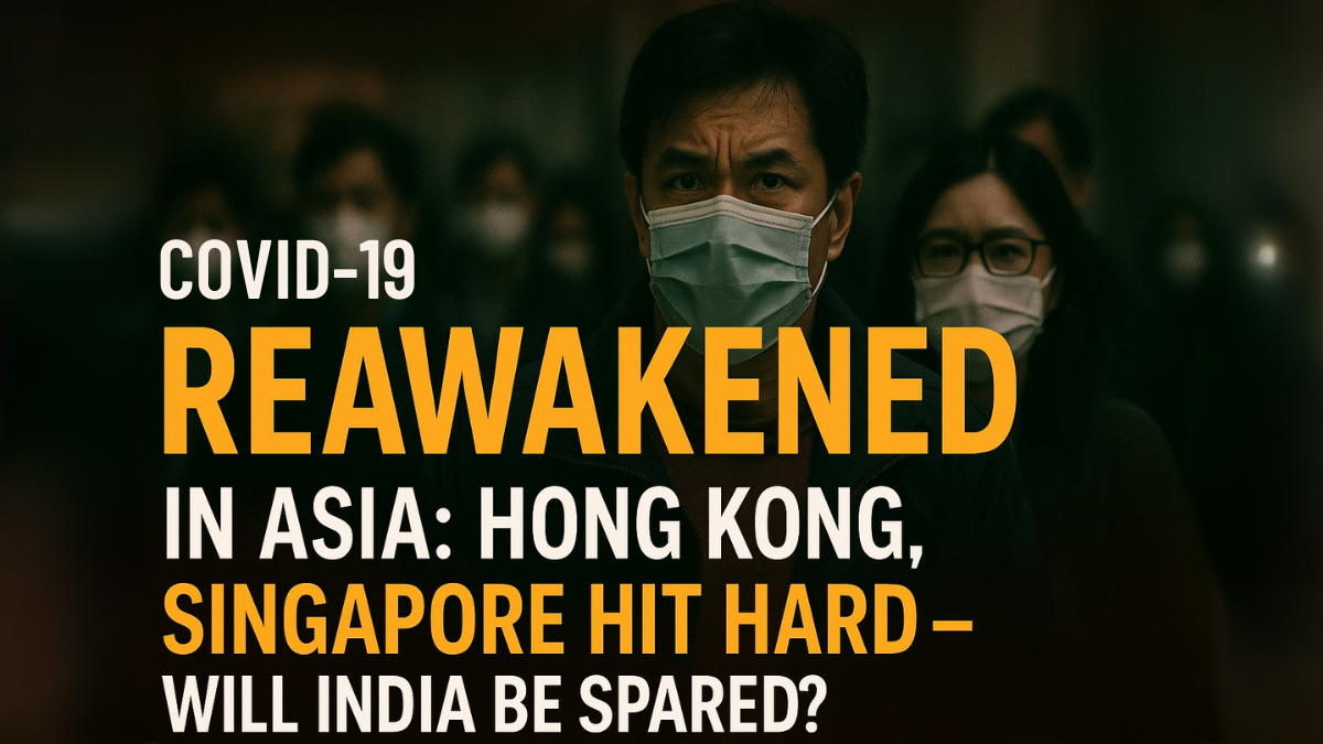 Masked people walking on a dark street, representing the COVID-19 resurgence in Asia; text overlay highlights “Reawakened” COVID threat in Hong Kong, Singapore, and questions India's safety.