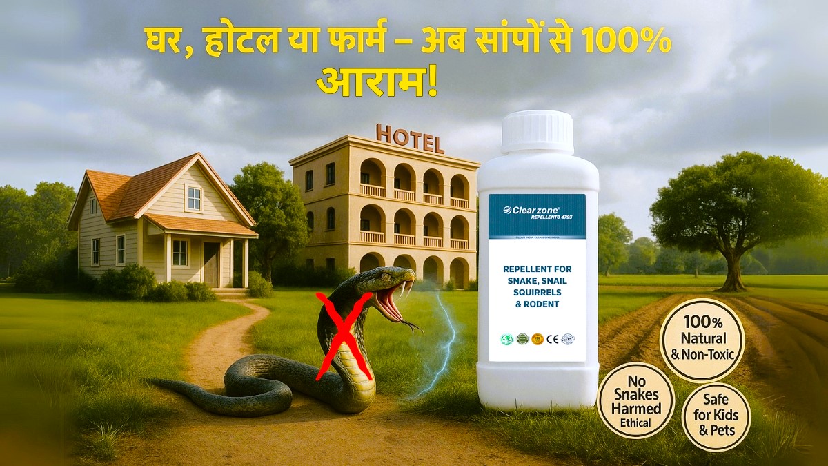 Clearzone snake repellent bottle in front of a house and hotel, with a crossed-out snake, showcasing 100% natural and non-toxic protection.