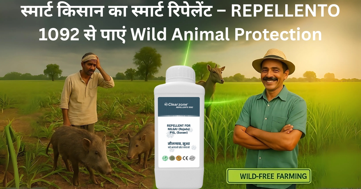Vintage-style advertisement poster showing a farmer holding a spray bottle labeled REPELLENTO 1092, with wild animals like blue bulls (nilgai) and wild boars fleeing the farmland. Includes the bold Hindi text “स्मार्ट किसान का स्मार्ट रिपेलेंट – REPELLENTO 1092 से पाएं Wild Animal Protection. स्मार्ट किसान का स्मार्ट रिपेलेंट