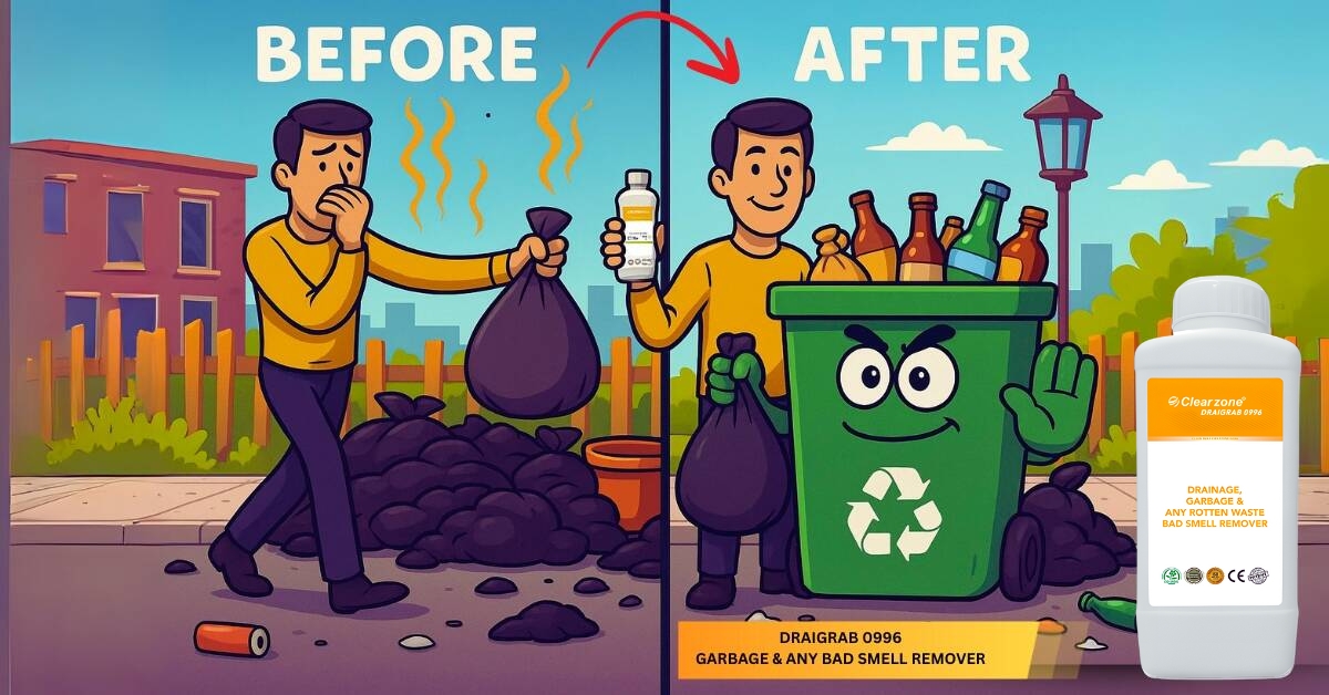 Before and after scene using DRAIGRAB 0996 best bad smell remover showing garbage area cleaned and odor-free