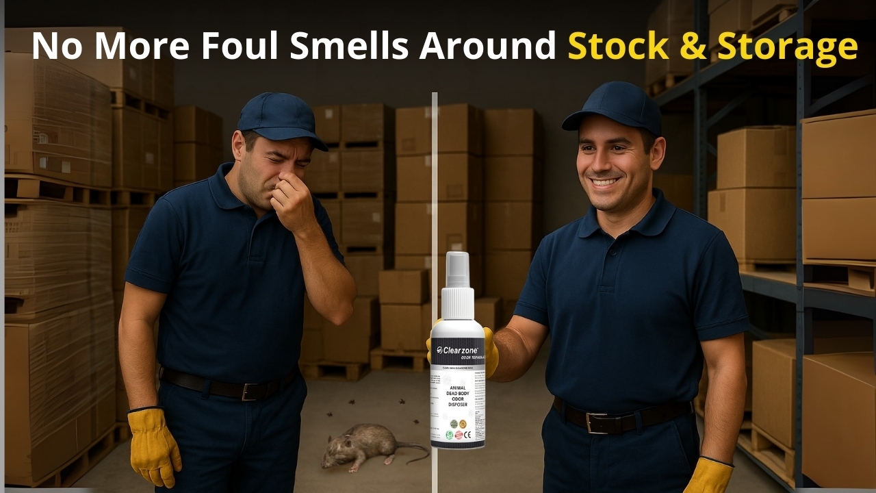 Warehouse worker reacting to foul smell caused by dead rodent, highlighting need for odor remover in storage areas