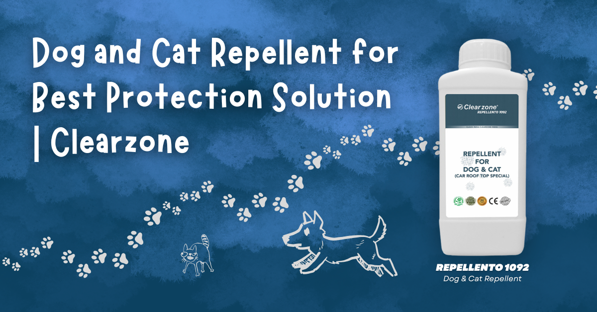 Dog and cat repellent spray bottle for pest protection by Clearzone with blue background